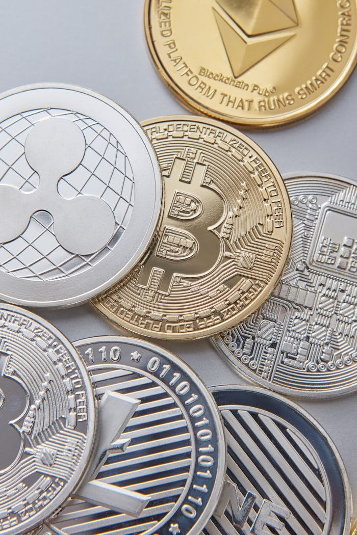 High-resolution vertical shot of various cryptocurrency coins, emphasizing Bitcoin, Ethereum, and Ripple.