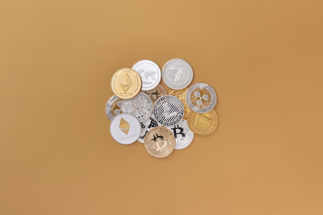 A cluster of cryptocurrencies including Bitcoin, Ethereum on a subtle background symbolizing digital finance.